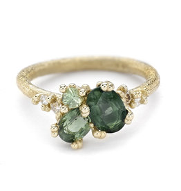 Green Sapphire and Diamond Asymmetric Cluster Ring in 14k Yellow Gold
