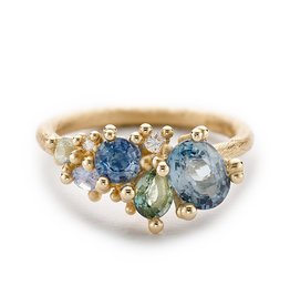 Mixed Sapphire and Diamond Tumbling Cluster Ring in 18k Yellow Gold