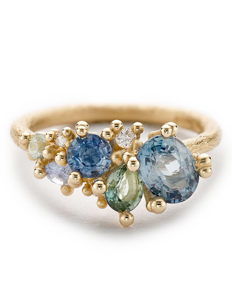 Mixed Sapphire and Diamond Tumbling Cluster Ring in 18k Yellow Gold