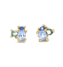 Sapphire Cluster Post Earrings in 14K Yellow Gold