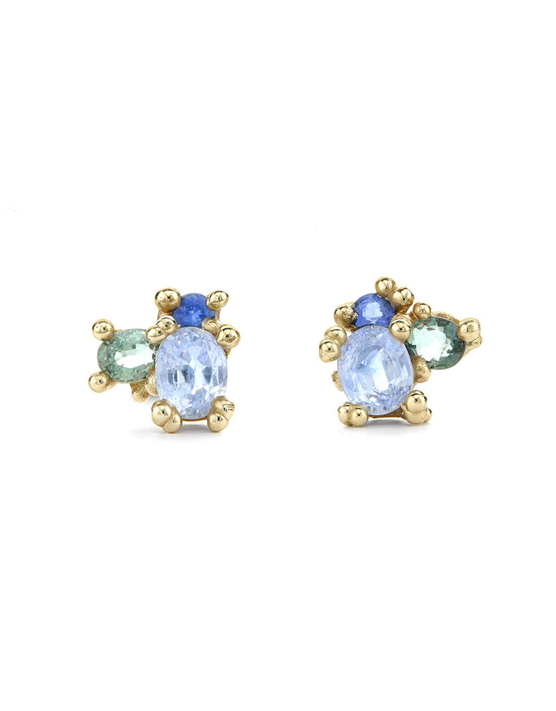Sapphire Cluster Post Earrings in 14K Yellow Gold