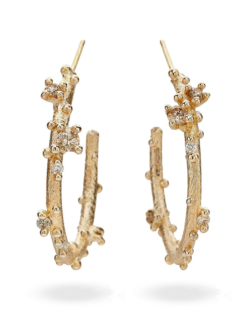 Large Champagne Diamond Encrusted Hoop Earrings in 14k Gold