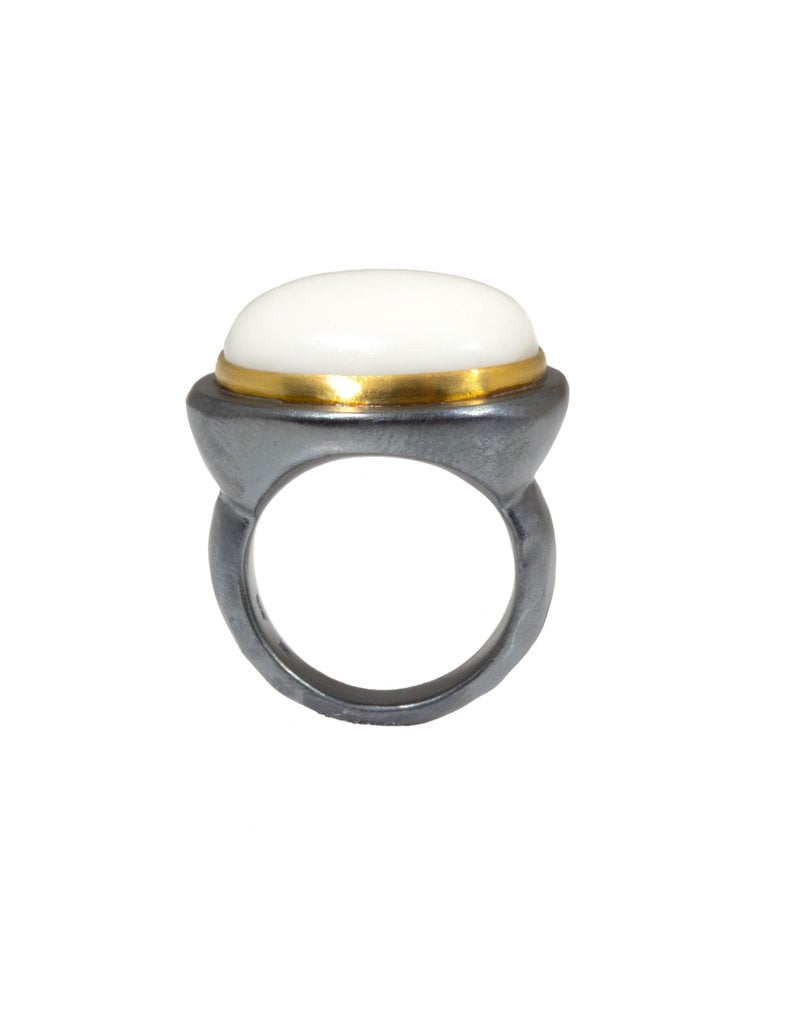 Large White Coral Ring with 22k Bezel and Oxidized Silver Shank