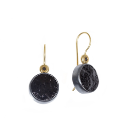 Round Black Tourmaline Earrings with Black Diamond in Oxidized Silver and 18k Yellow Gold