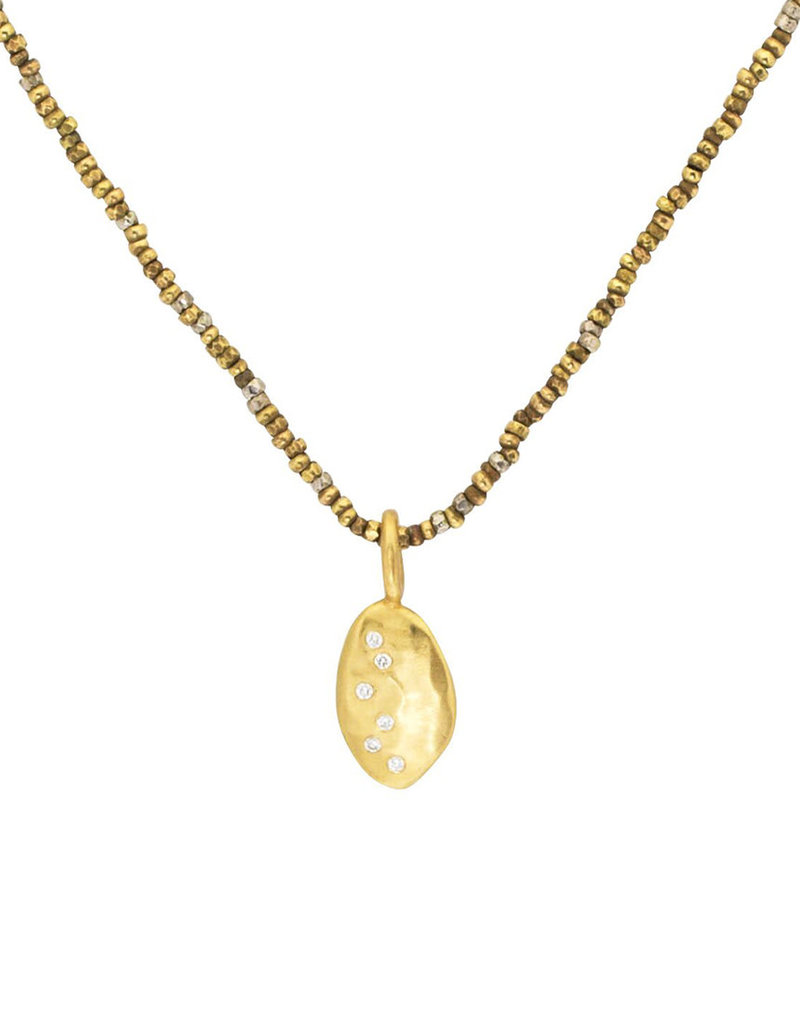 Leaf Pendant in 18k Yellow Gold with 6 White Diamonds on Steel Cut Chain