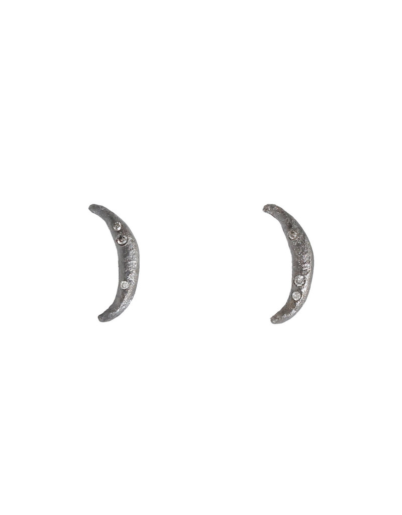 Black Moon Post Earrings with Diamonds in Oxidized Silver