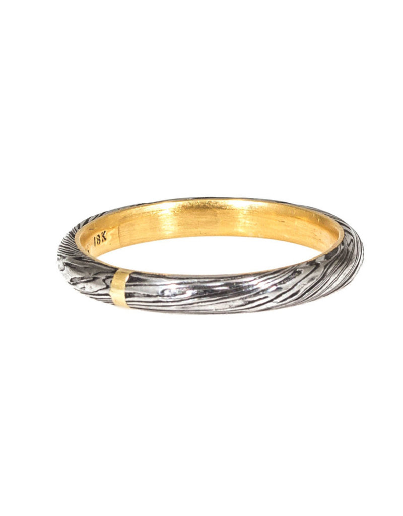 2.5mm Damascus Steel Half Round Ring with 18k Yellow Gold Liner