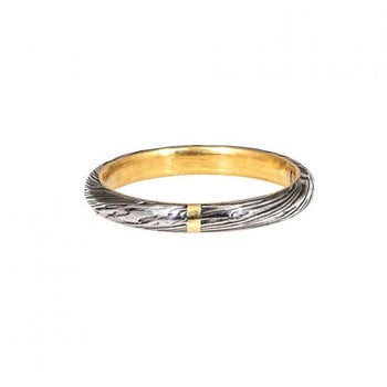 2.5mm Damascus Steel Half Round Ring with 18k Yellow Gold Liner