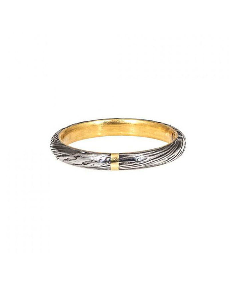 2.5mm Damascus Steel Half Round Ring with 18k Yellow Gold Liner