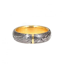 Damascus Steel Half Round Ring with 18k Yellow Gold Liner