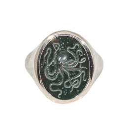Octopus Intaglio Bloodstone Oval Ring in 14k White Gold