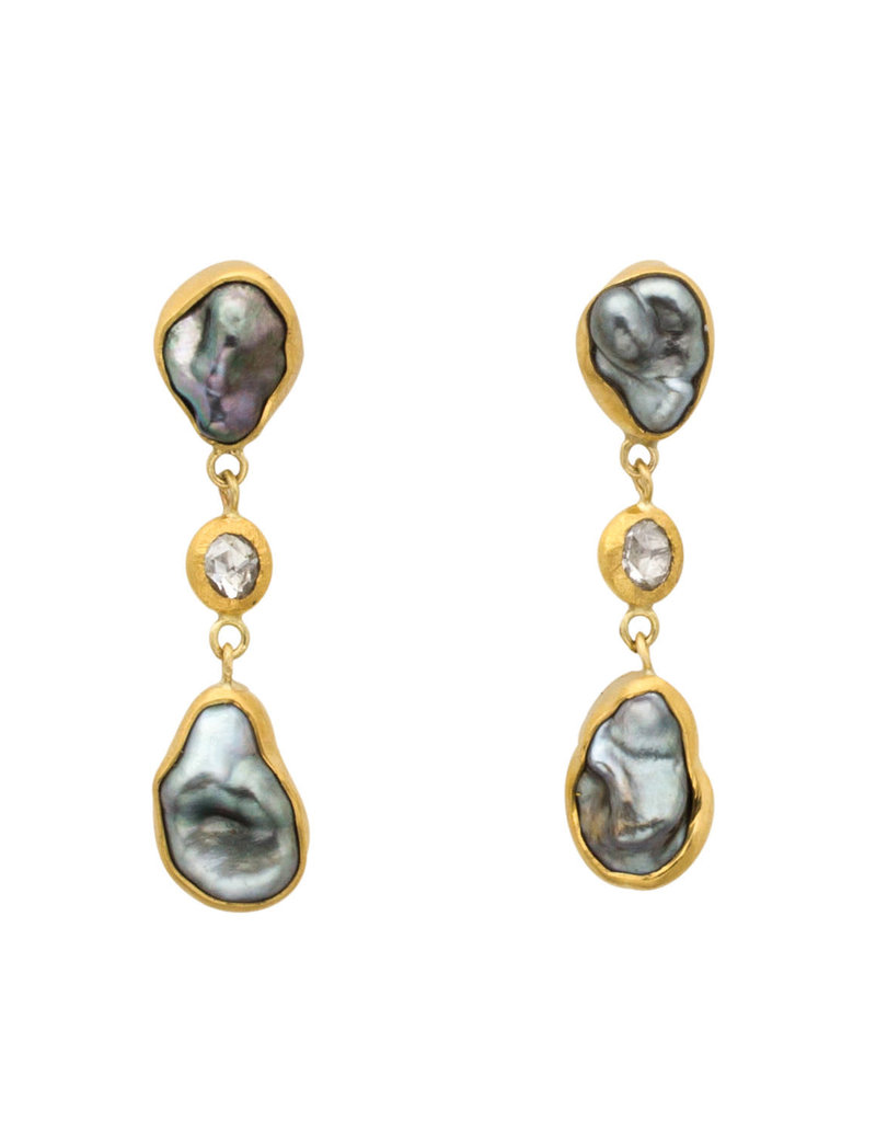 Keshi Pearl and Rose Cut Diamond Earrings in 18k and 22k Gold