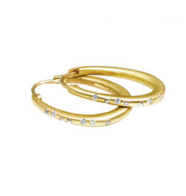 Small Oval Katachi Hinged Hoop Earrings with White Diamonds in 18k Yellow Gold