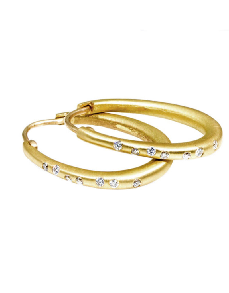 Small Oval Katachi Hinged Hoop Earrings with White Diamonds in 18k Yellow Gold