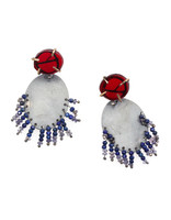 Red Cut Glass & Blue Beaded Earrings