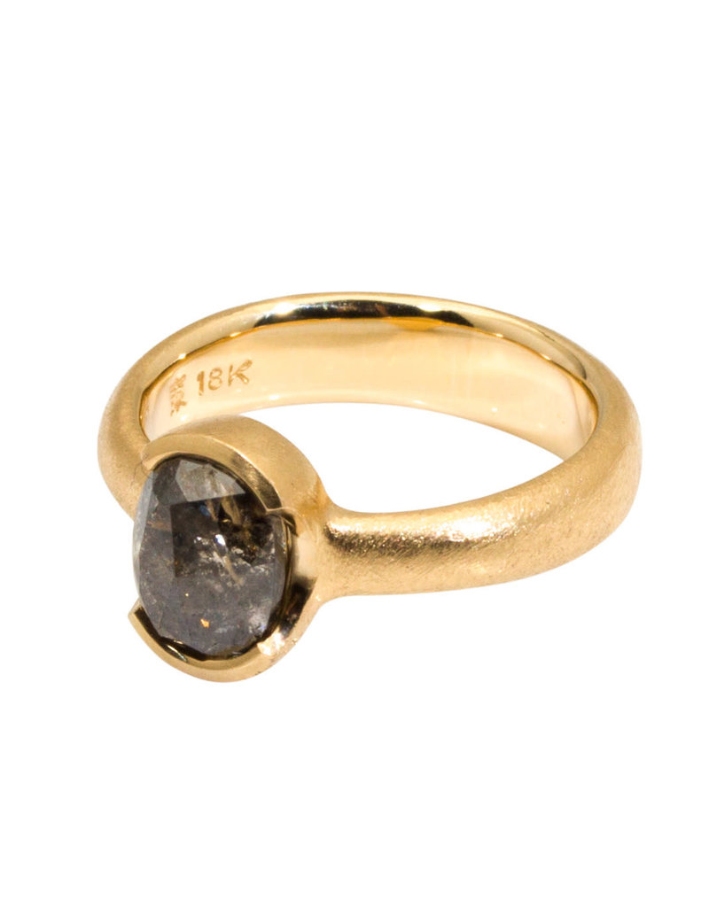 Oval Half Bezel Rosecut Salt and Pepper Diamond Ring in 18k Rose Yellow Gold
