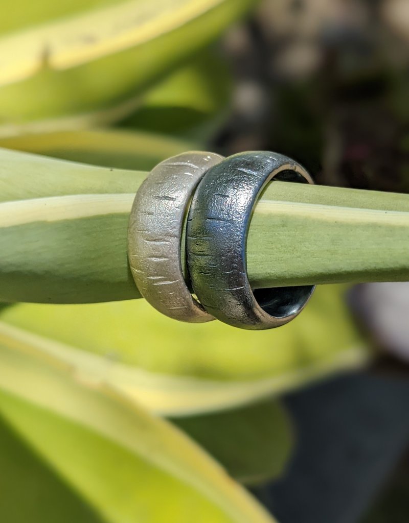 Wood Textured Band in Oxidized Silver