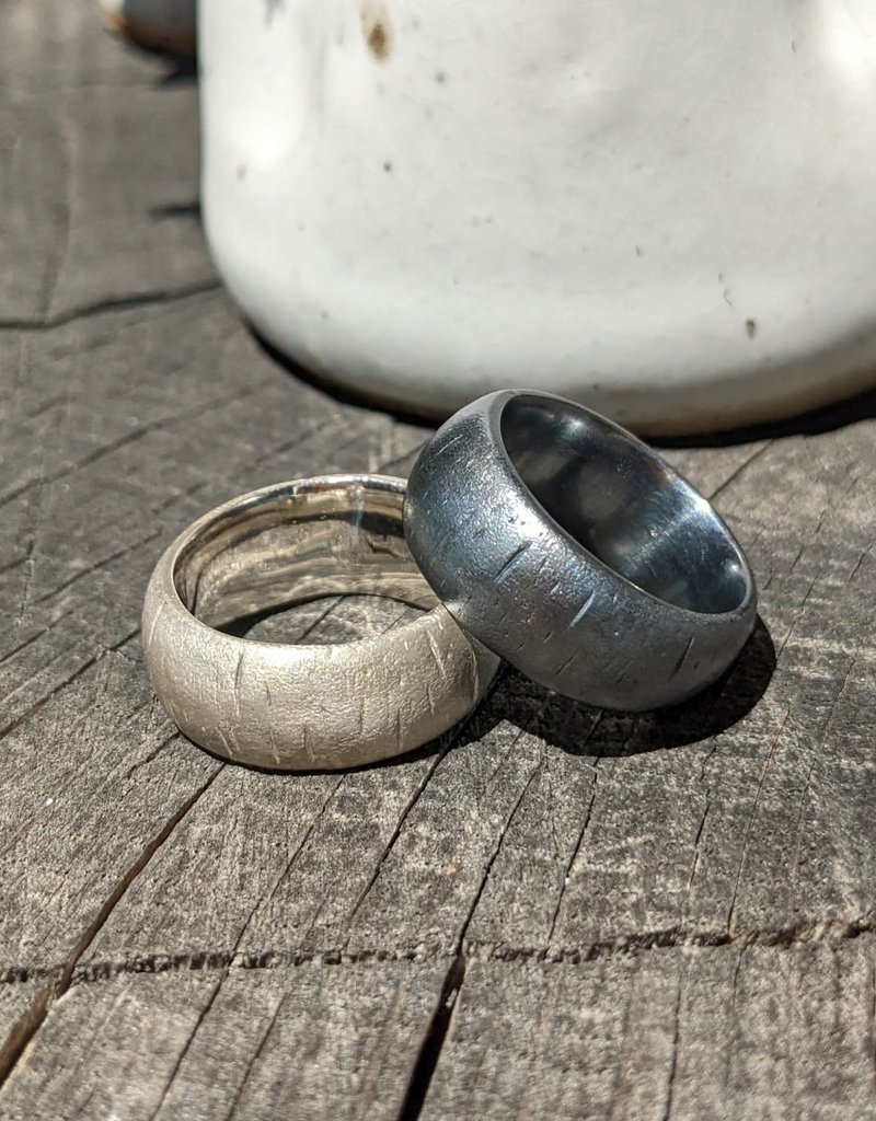 Wood Textured Band in Oxidized Silver