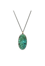 Oval Chinese Turquoise Pendant in Oxidixed Silver and 18k Gold