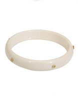 Half-Rounded 12mm Flat Fossilized Walrus Bangle with Five White Diamonds in 18k Yellow Gold