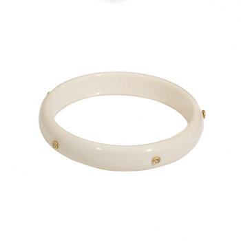 Half-Rounded 12mm Flat Fossilized Walrus Bangle with Five White Diamonds in 18k Yellow Gold