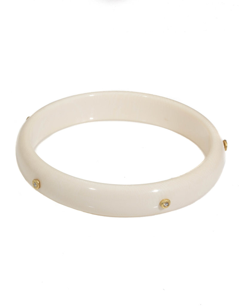 Half-Rounded 12mm Flat Fossilized Walrus Bangle with Five White Diamonds in 18k Yellow Gold