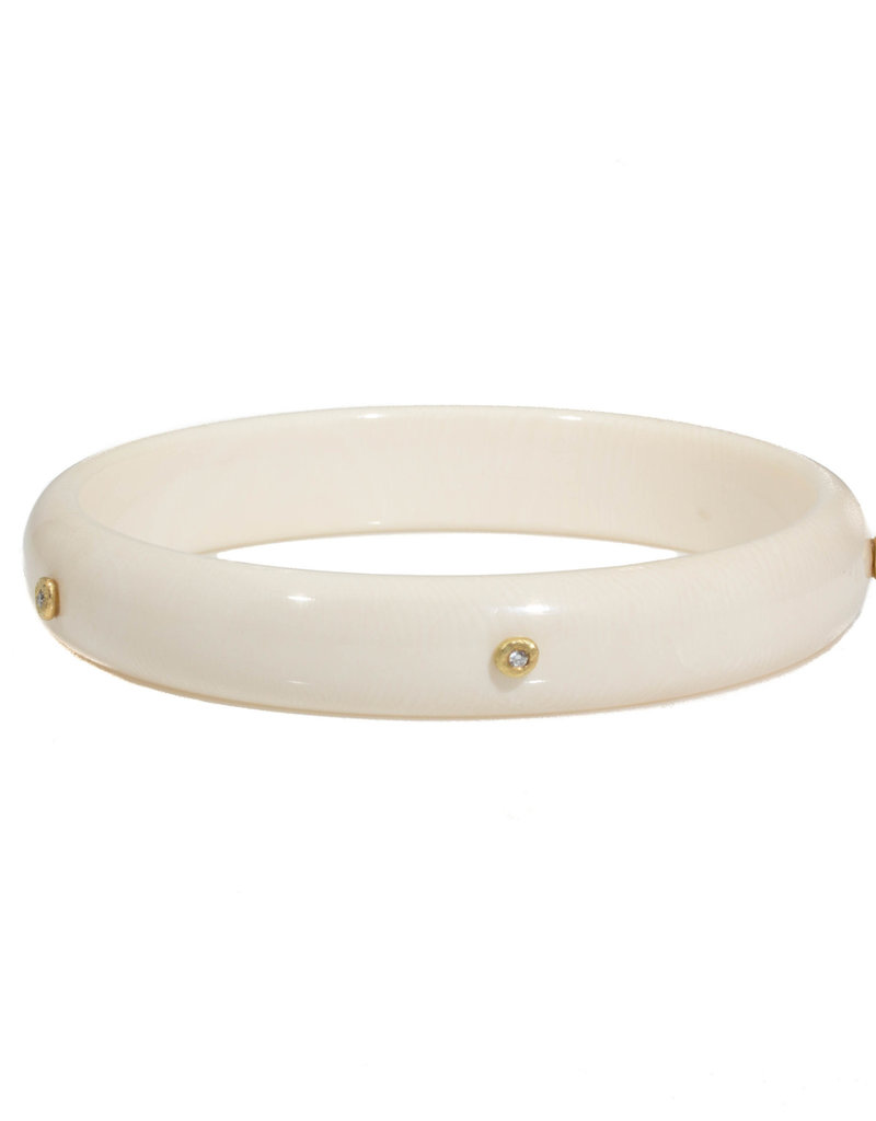 Half-Rounded 12mm Flat Fossilized Walrus Bangle with Five White Diamonds in 18k Yellow Gold