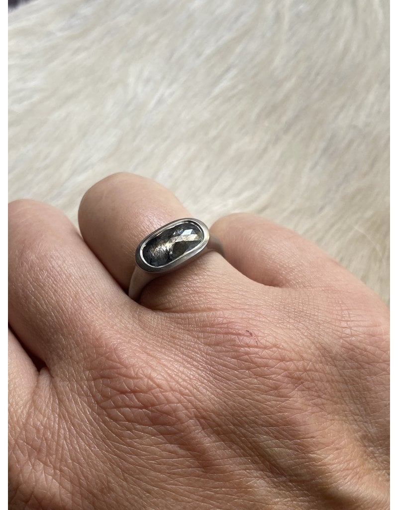 Long Oval Dark Grey Rose Cut Diamond Ring in 18k Palladium White Gold