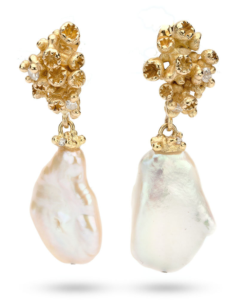 Barnacle Encrusted Pearl and Diamond Drop Earrings in 18k Gold