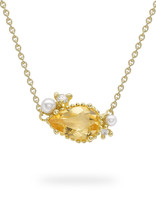 Pear Cut Citrine Pendant with Diamonds and Pearls in 18k Gold