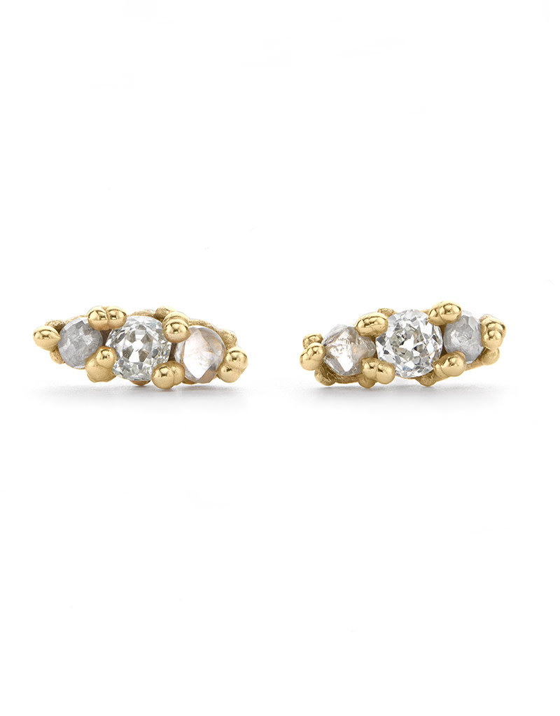 White Raw and Champagne Diamond Post Earrings in 14k Gold