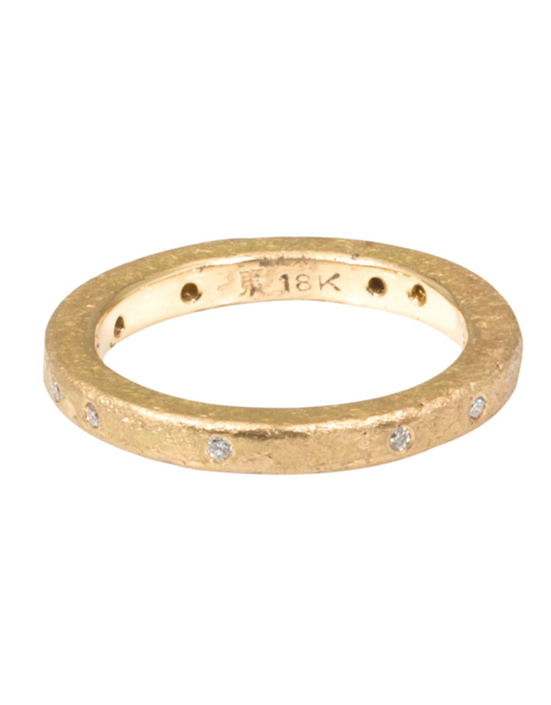 Simple Architectural Gold Band with White Diamonds in 18k Rose Yellow Gold and Sand Texture