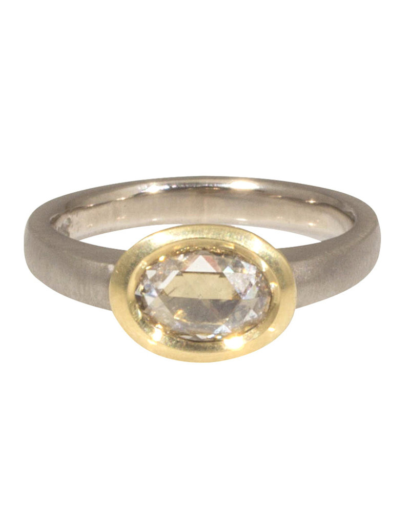Raised Cup Oval Diamond Ring in 18k Palladium White Gold and Yellow Gold