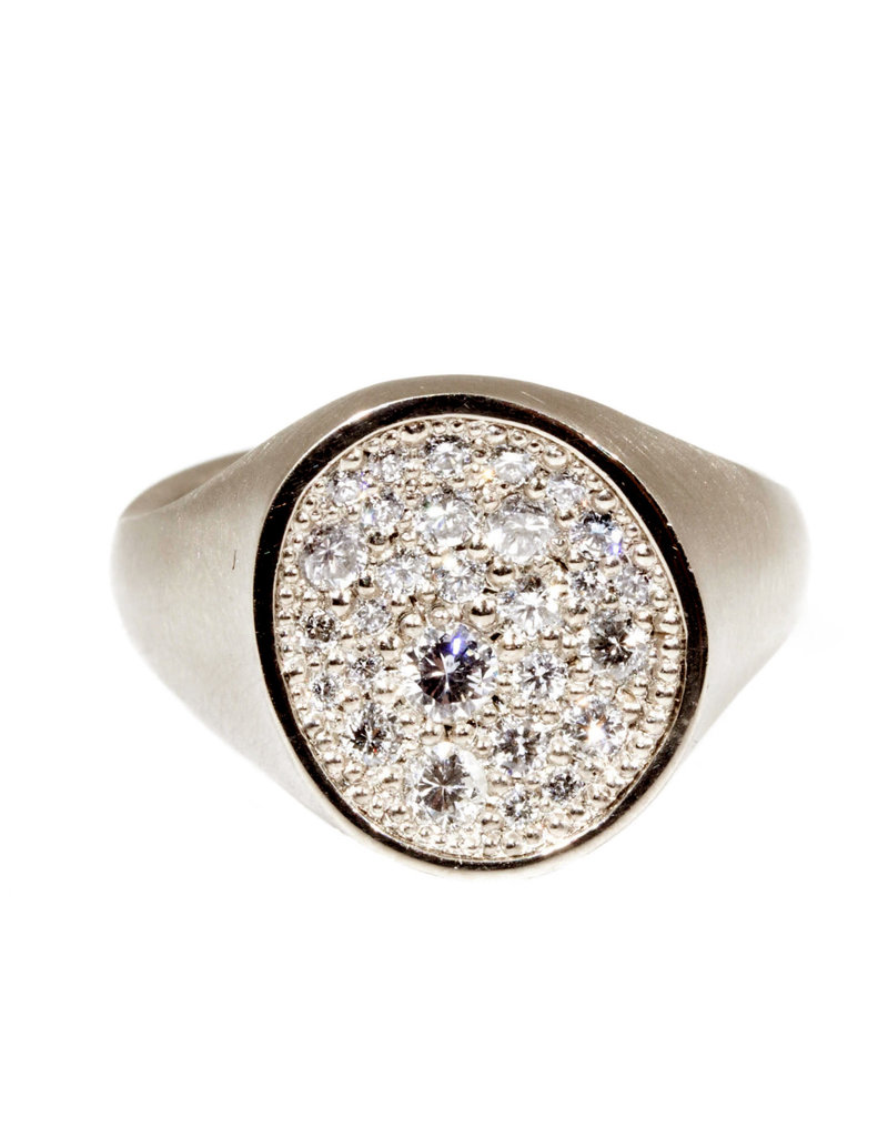 Organic Shaped Pave Signet Ring with White Diamonds in 18k Palladium White Gold