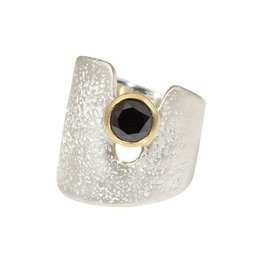 Textured Cuba Ring in Silver with Black Diamond in 18k Yellow Gold