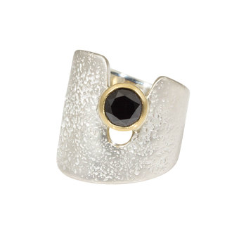 Textured Cuba Ring in Silver with Black Diamond in 18k Yellow Gold