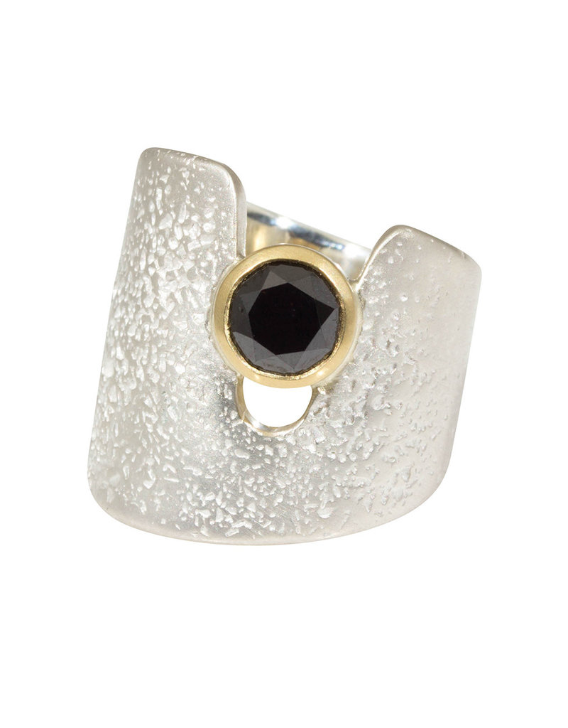 Textured Cuba Ring in Silver with Black Diamond in 18k Yellow Gold