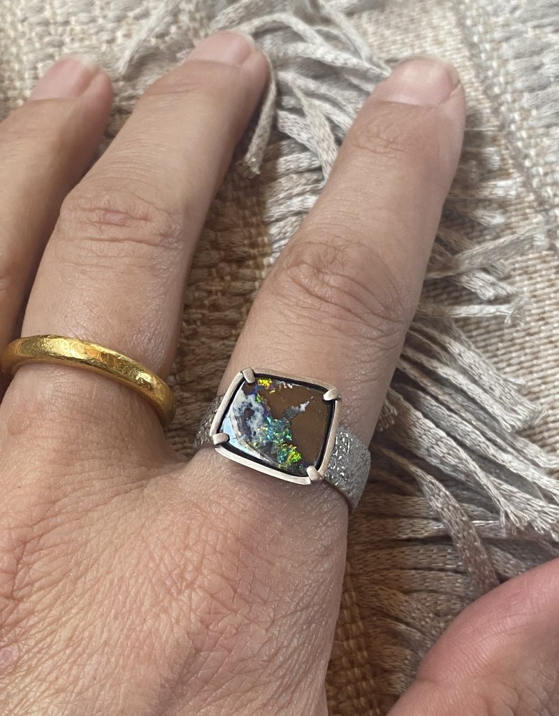 Opal Ring in Sand-Textured 18k Palladium White Gold