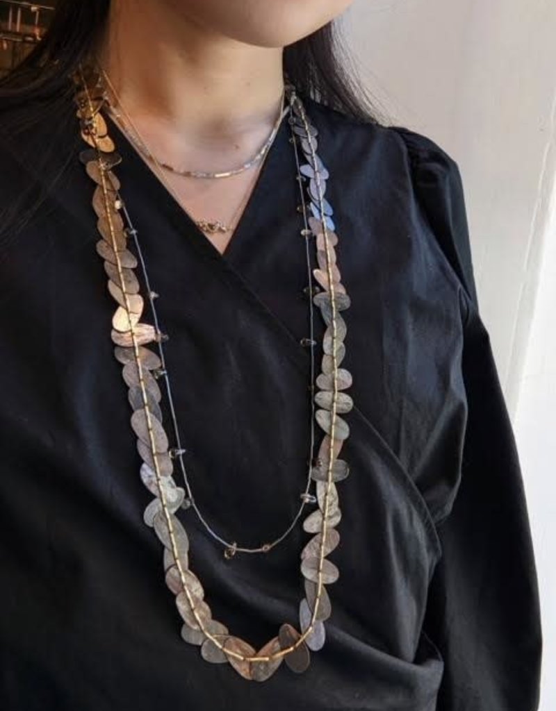 Laura Lienhard Long Leaf Necklace in Shibuichi, 18k Gold