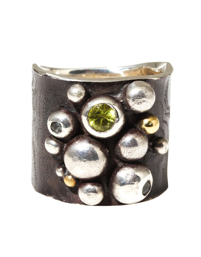 Big Sur Goldsmiths Wide Bubble Ring with Green Garnet & Sapphires in Oxidized Silver