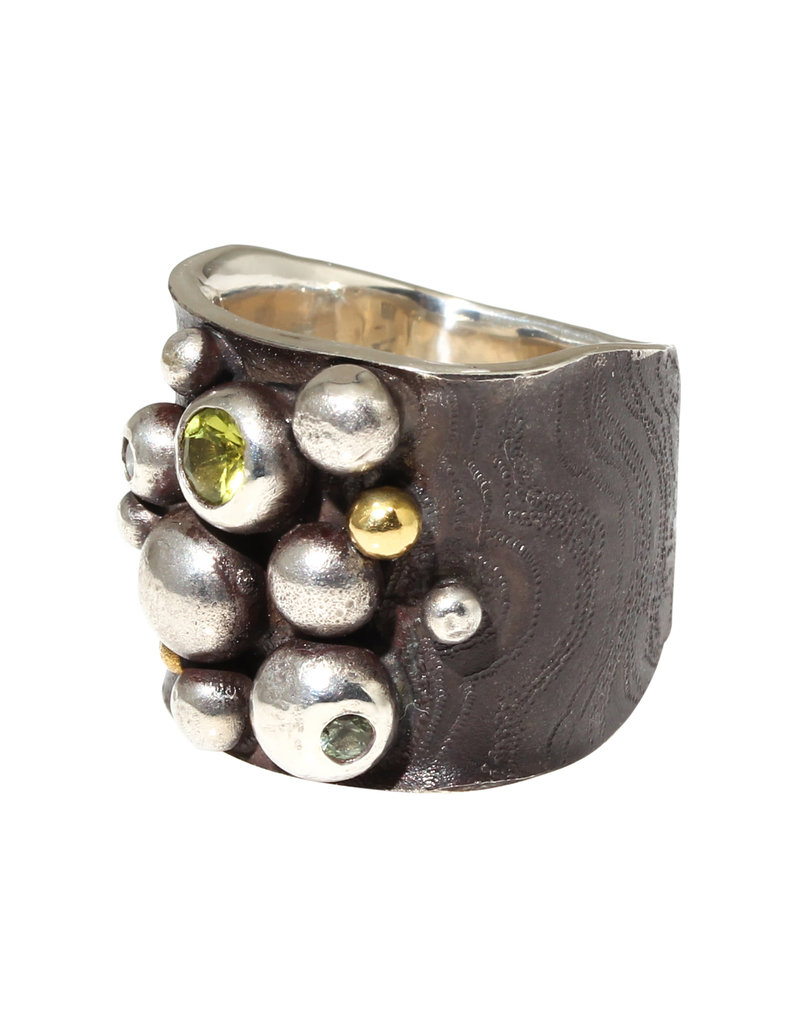 Big Sur Goldsmiths Wide Bubble Ring with Green Garnet & Sapphires in Oxidized Silver