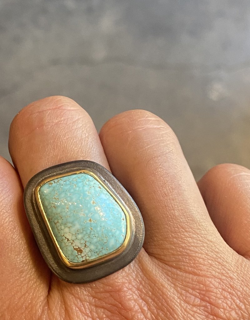 Big Sur Goldsmiths Organic Turquoise Ring with 22k Gold Bezel in Oxidized Silver