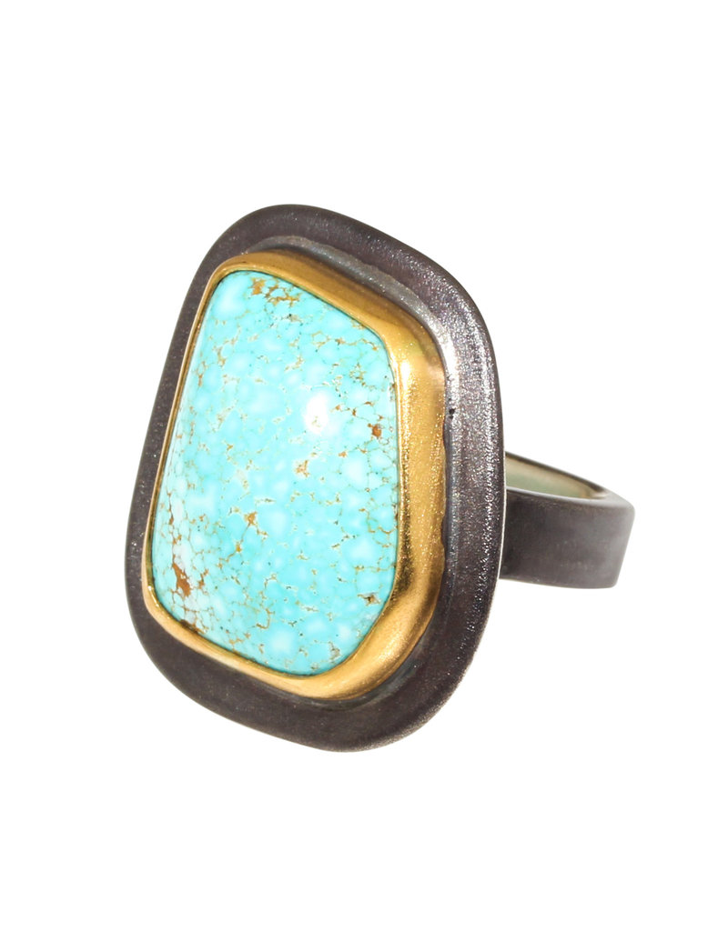 Big Sur Goldsmiths Organic Turquoise Ring with 22k Gold Bezel in Oxidized Silver