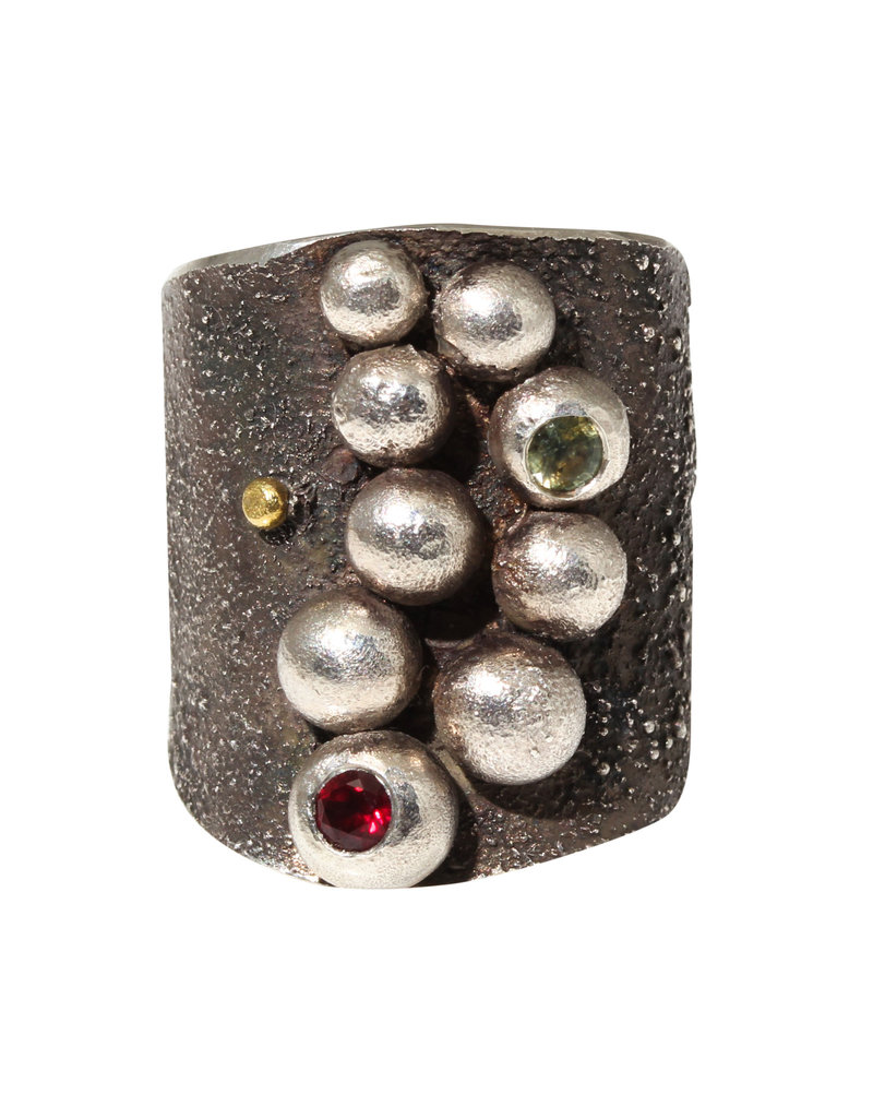 Big Sur Goldsmiths Wide Bubble Ring with Red Garnet and Sapphires in Oxidized Silver