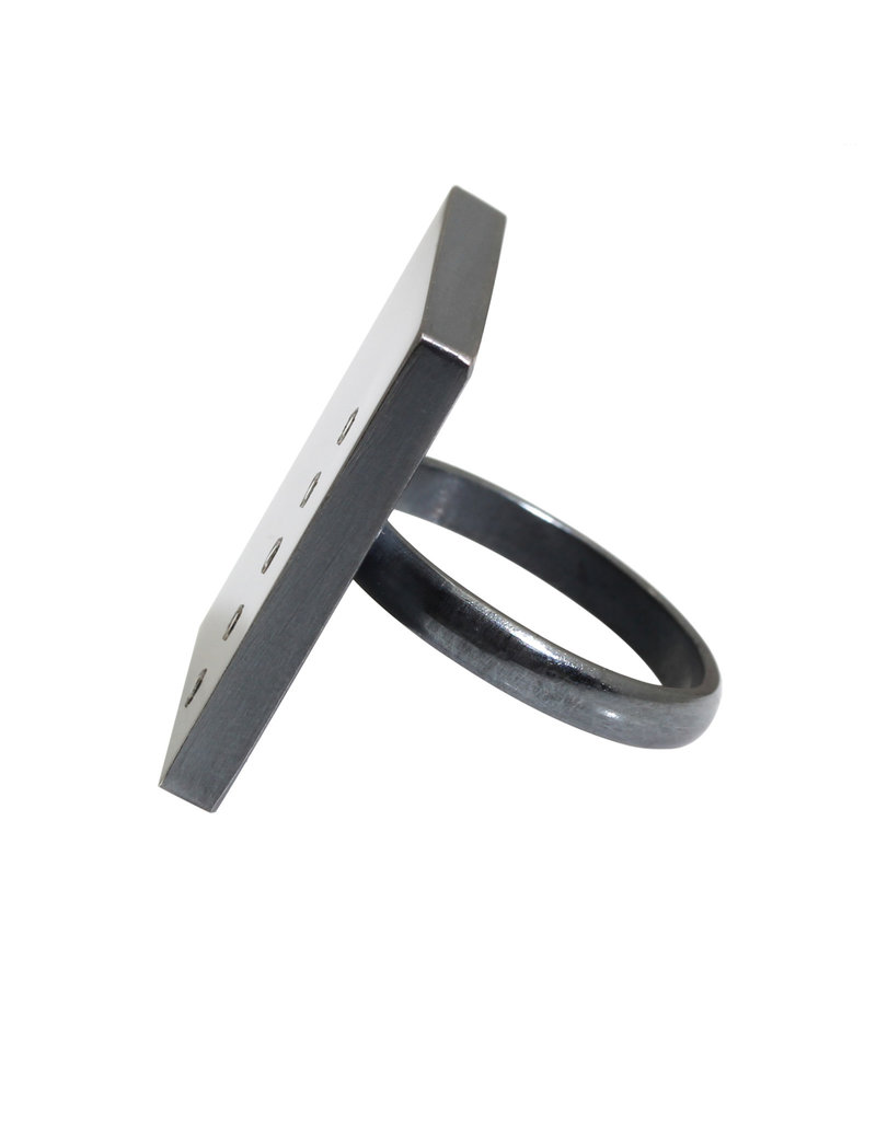 Square Ring in Oxidized Silver with 5 White Diamonds