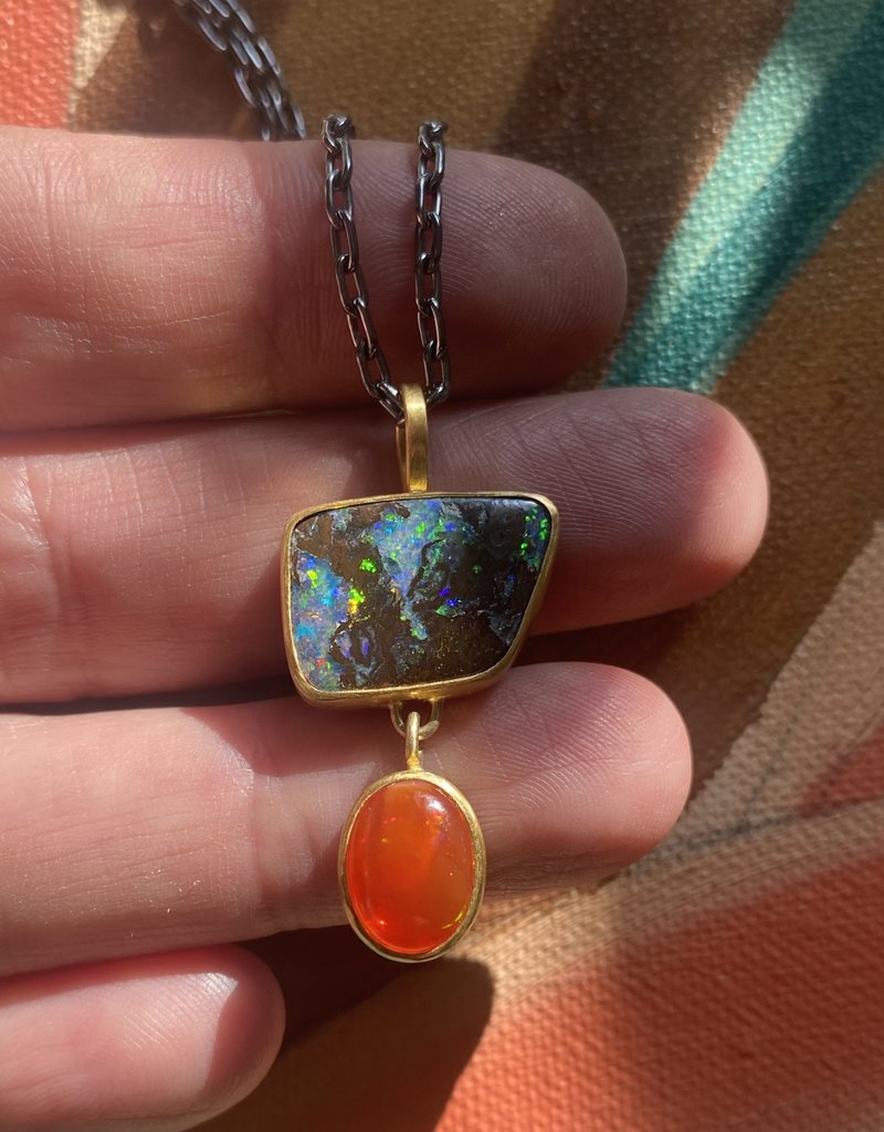 Australian Black Opal and Mexican Fire Opal Pendant