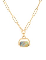 Opal Pendant in 14k Gold on Heavyweight Chain with Engraved Bird