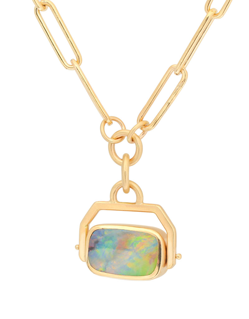 Opal Pendant in 14k Gold on Heavyweight Chain with Engraved Bird