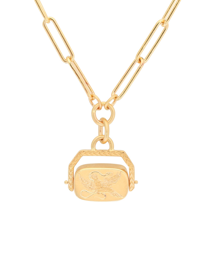 Opal Pendant in 14k Gold on Heavyweight Chain with Engraved Bird