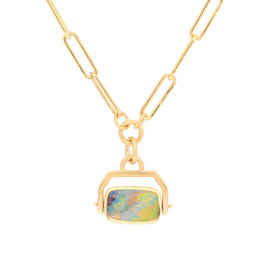 Opal Pendant in 14k Gold on Heavyweight Chain with Engraved Bird